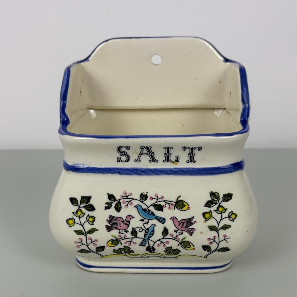 Ceramic Wall Salt Holder with Blue Trim and Floral Bird Motif